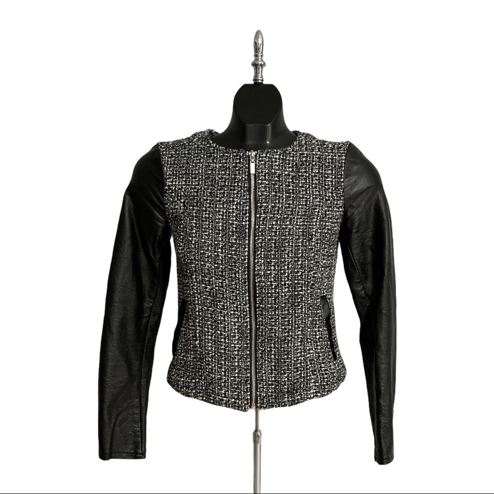 H&m DIVIDED Black & White Tweed Vegan Leather Coat